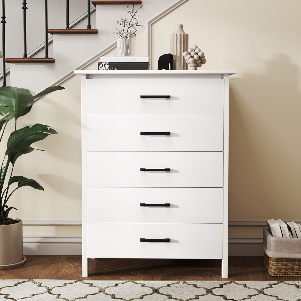 Modern Tall Storage Dresser with 5 Spacious Drawers and Wood Top Shelf for Bedroom Closet or Entryway